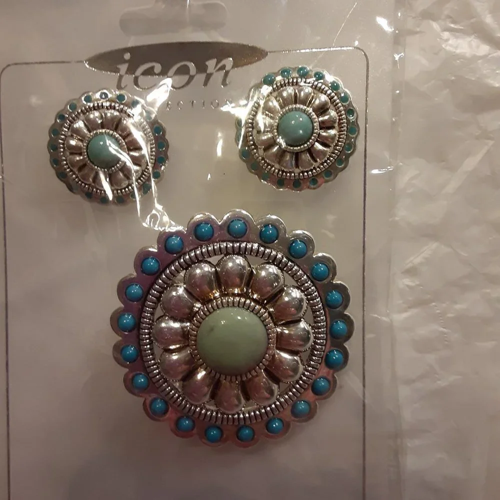 Round With Stones Earrings and Brooch New - Picture 3 of 4